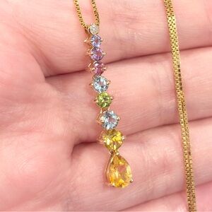 10K Rainbow Gemstone Journey Pendant: Gold Channel Moveable Elegant